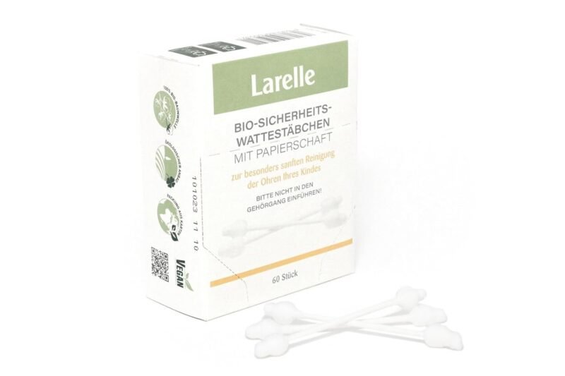 Larelle Organic Safety Cotton Buds Baby Cotton Buds 60 Pieces with Extra Safety Zone Cleaning Swabs Cosmetic Personal Care GOTS Ecocert Gentle Cleaning Children’s Ears Approx 76mm