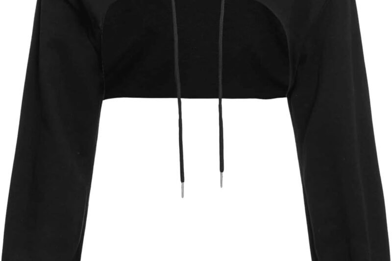 HOOUDO Women’s Crop Hoodie Pullover Very Short Sweatshirts Long Sleeve Pullover Round Collar Cutouts Shirts with Hood Off Shoulder Top Women’s Rainbow T-Shirt Women