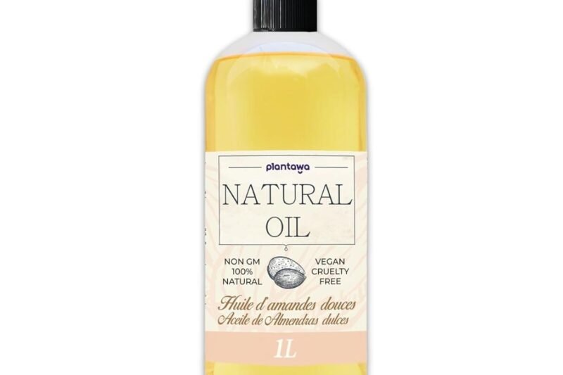 PLANTAWA Sweet Almond Oil 1 Litre with Tin Almond Body Oil 100% Natural Vegetable Origin Multipurpose Massage Oil Raw Material Contains Vitamin E, Organic Oil Stretch Marks Pregnancy