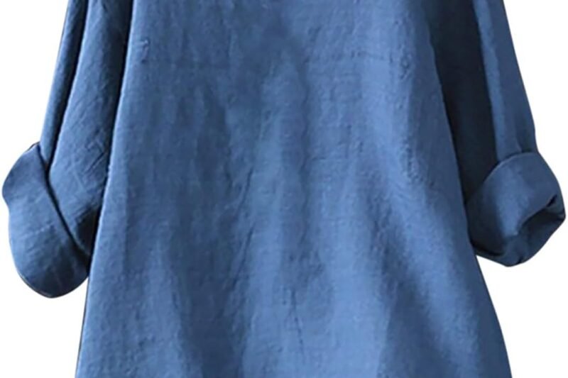 HOOUDO Women’s Plain Cotton Linen Shirt with Stand-Up Collar and Long Sleeves Glitter Top