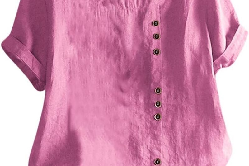 HOOUDO Shirt Women Lady Vintage Flowers O-Neck Sleeves Fashion Blouse Top Short Women’s Blouse Summer Outfit T Shirt Elegant Women’s Blouse Cotton Linen Top Summer Women