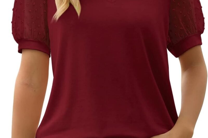 HOOUDO Women’s Casual Solid Color V-Neck Chiffon Short Sleeve Satin Top Women