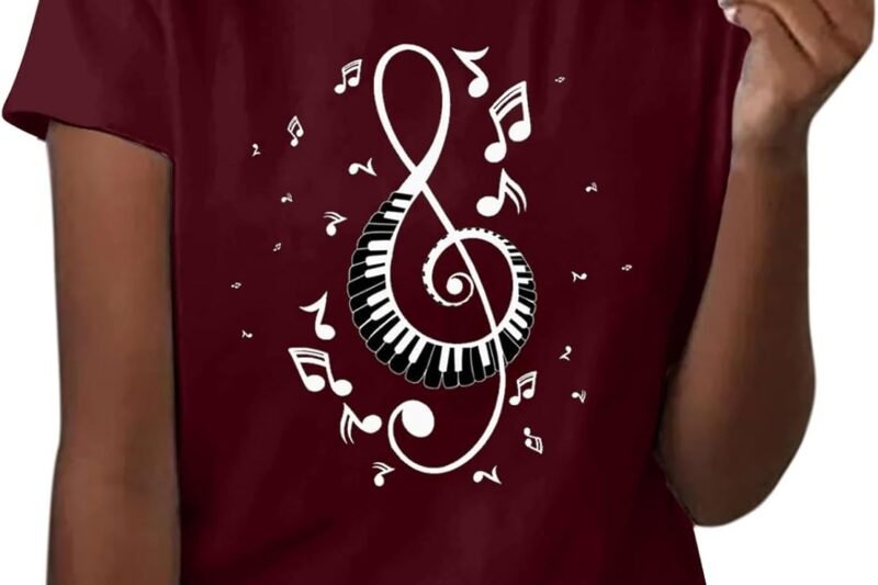 HOOUDO Women T Shirt Music Note Print Short Sleeve Crew Neck T Shirt Fashion Top Lightweight Soft Casual Summer Wear Vintage Women Clothes T Shirt 5 Years Girls