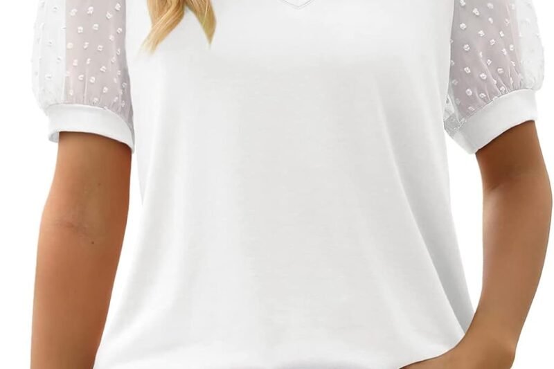 HOOUDO Women’s Casual Plain V-Neck T-Shirt Chiffon Short Sleeve Italian Blouses Blouse 3/4 Sleeve Women’s Summer Top Oversize Women’s Vintage Clothing Women