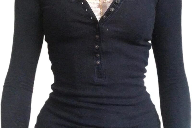 Women Long Sleeve Henley Tops Casual Button Down Tunic Blouse Ribbed Slim Fit Y2K Lace Patchwork Sweater