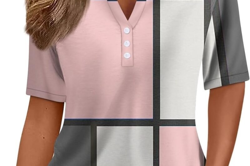 Women’s T-Shirt, Blouses & Tunics for Women, Printed Blouse, Elegant T Shirts for Women, Black V-Neck Tops, Short Sleeve, Crew Neck, Sports T-Shirts, Tops with Loose Button Blouses_1