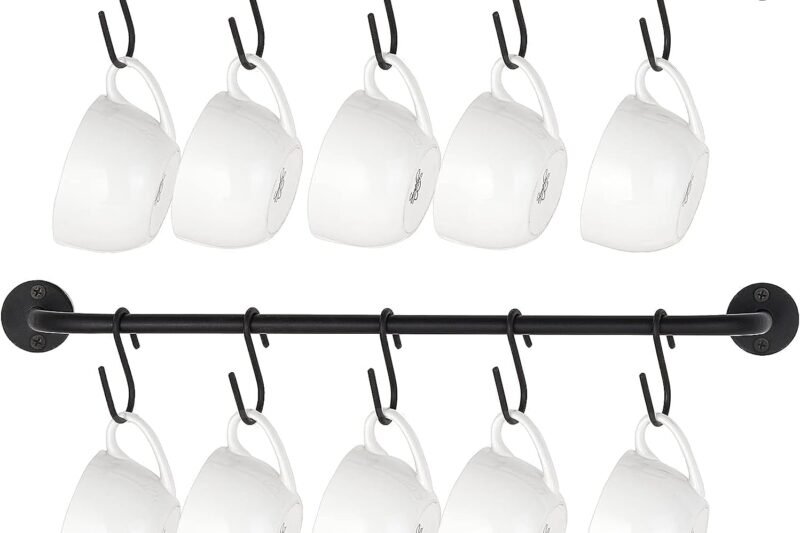 QIUKUN Cup Holder Wall Mounted Coffee Cup Rack Hanger Modern Metal Mugs Wall Shelf with 10 Cup Hooks Rustic Utensils Tea Cups Storage Organizer for Kitchen Dining Room