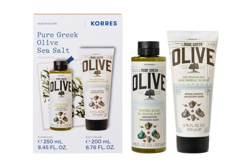 KORRES Olive Sea Salt Body Care Value Set for Men and Women, Aromatic Fragrance of Sea Salt Combined with Olive Scent, Shower Gel 250 ml and Body Milk 200 ml, Silicone and Paraben Free, Vegan