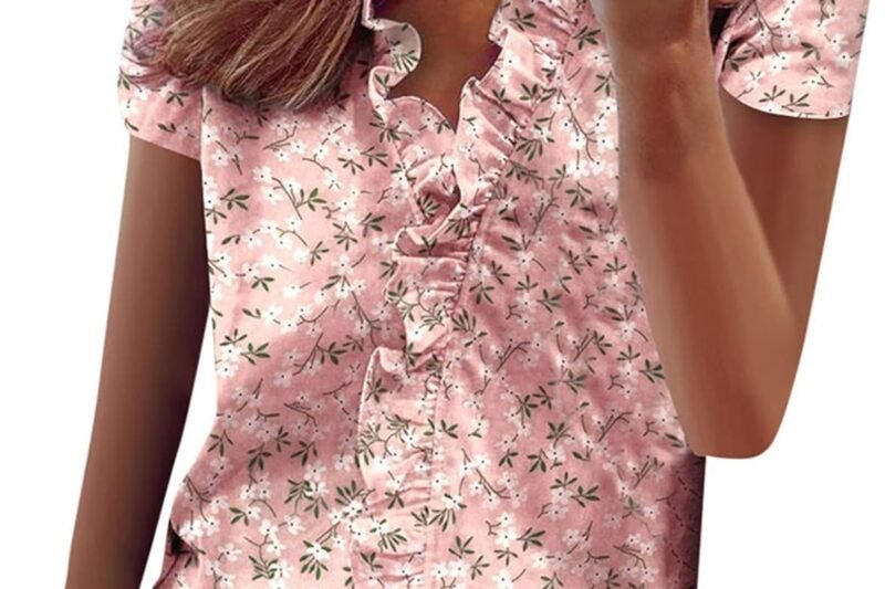 HOOUDO Top Print Summer Women’s Ruffle Sleeve V-Neck T-Shirt Solid Short Casual Elegant Women’s Blouse Women’s Blouse Short Sleeve Fitted