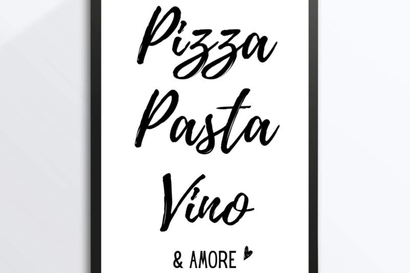 DIN A4 Art Print without Frame – Saying – Pizza Pasta Vino & Amore – Noodles Wine Vino Love Kitchen Dining Room Print Poster Picture