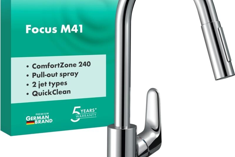 hansgrohe Focus M41 31815000 Kitchen Tap with Extendible Shower Head 2 Jet Types with Spout Height 240 mm 150° Pivoting, Chrome