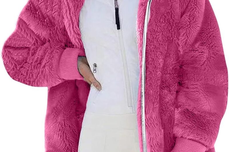 CSHE Fleece Jacket Women’s Warm Comfortable Winter Jacket with Pockets Lapels Sweat Jacket Warm Autumn Winter Coat Teddy Fleece Jacket Zip Plush Jacket Women Double-Sided Winter Clothing Fleece