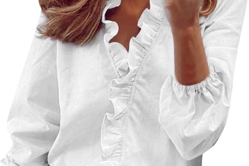 HOOUDO Elegant Ruffle Top for Women Short Solid Color Summer V Neck Casual Blouse Blouse Christmas Women