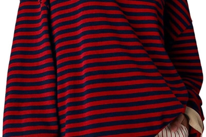HOOUDO Women Oversized Striped Color Block Long Sleeve Crew Neck Casual Loose Pullover Y2000 Shirt Top Jumper Christmas