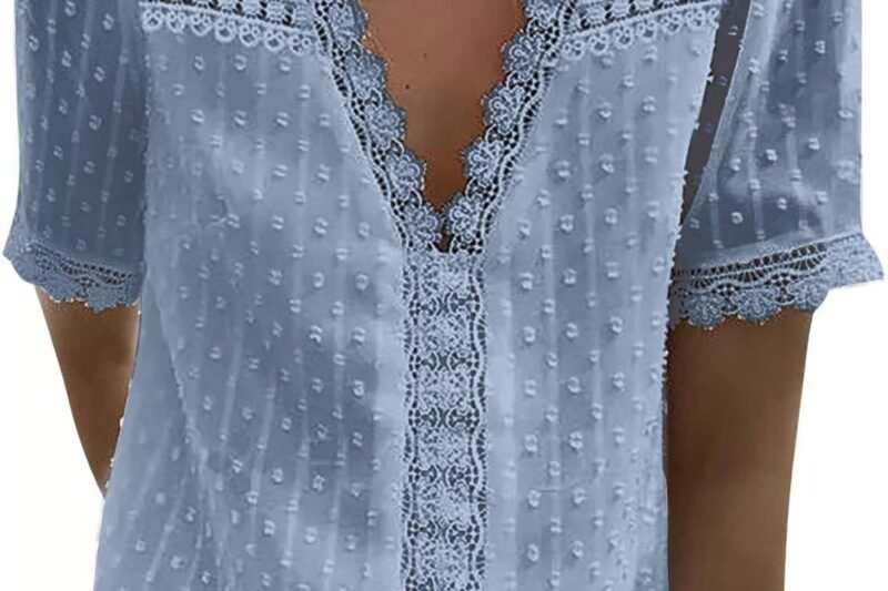 HOOUDO T-Shirt Fashion Short Top Colour Solid Sleeves V-Neck Women Casual Lace Women Blouse Women’s Blouse Sexy