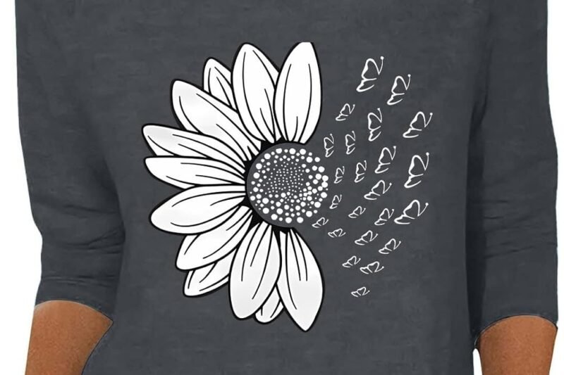 HOOUDO Women’s Sunflower Chrysanthemum Flower Butterfly Print 7 Sleeve Round Neck Tunic Black Ladies Shirt Satin Elegant T Shirt Women