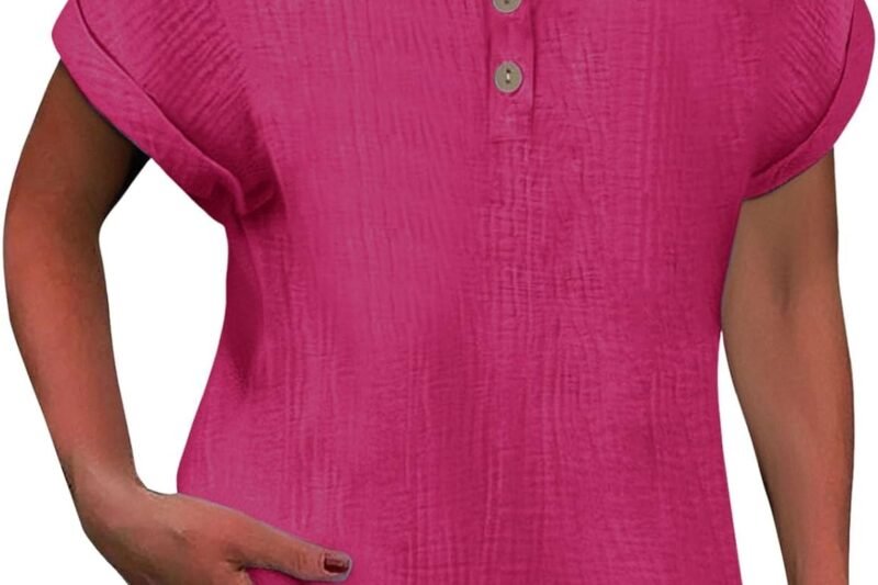Nuoke Muslin Linen Blouse Women’s 2025 Summer T-Shirt Cotton Linen Cap Sleeve T-Shirt Button V-Neck Tunic Tops Fashion Casual T-Shirts Trendy Blouse