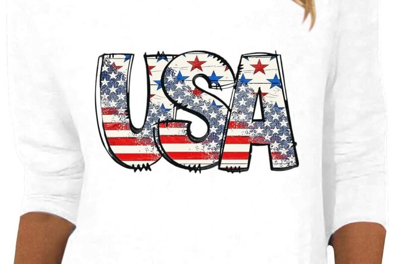 HOOUDO Women Round Neck Independence Day USA Print Loose Casual Top 3/4 Sleeve Wrap Top Yoga Shirt Women Shirt Women Yellow Short Sleeve