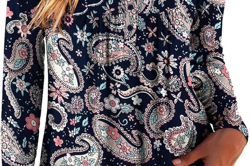 HOOUDO Chain Women’s Cheap Plus Size Tops Long Sleeve Pleated Shirts Floral Print Pleated Tunic Casual Blouses T Shirt Crop Women