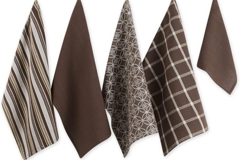 DII 100% Cotton, Ultra Absorbent, Oversized, Washing, Drying, Basic Everyday Kitchen Dishtowel 18 x 28″ & Dishcloth 13 x 13″, Set of 5 – Dark Brown