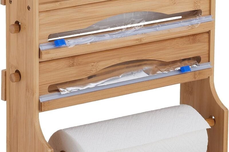 Relaxdays Wall Roll Holder for Aluminium Foil, Cling Film, Kitchen Roll, Spice Rack, Bamboo, HBT: 40 x 40 x 11.5 cm, Natural