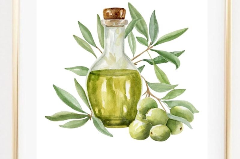 Kunstdruck Din A4 – Olivenöl in Karaffe – Olive Oliven – Küche Esszimmer- Küchenbild Deko Aquarell – Druck Poster Bild – ohne Rahmen