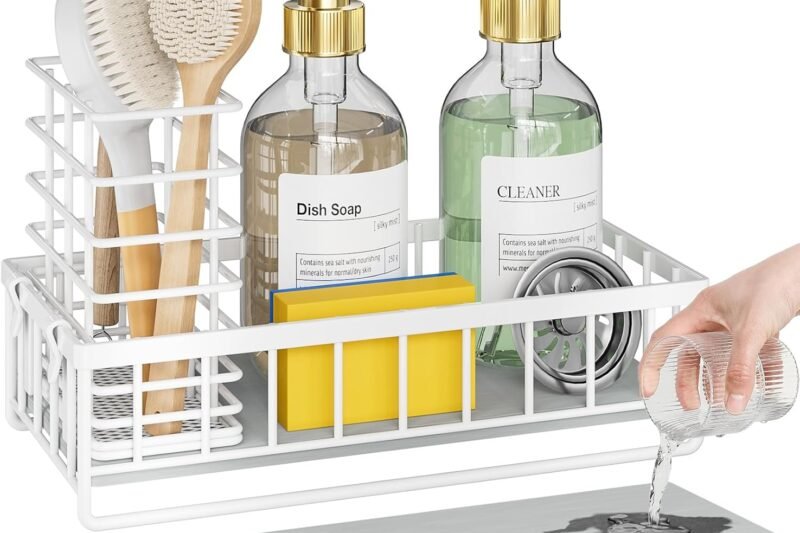 Ovicar Kitchen Sink Caddy Organiser – Sponge Holder with Dish Brush Holders – Instant Drying Waterproof Soap Dispenser, Non-Slip Countertop Sink, Caddy for Kitchen, Bathroom, White
