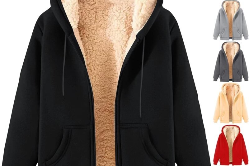 Winter Jacket Women’s Warm Teddy Jacket Casual Plain Fleece Jacket Long Sleeve Zip Hooded Jacket Elegant Winter Plush Jacket Teenager Girls Hoodie