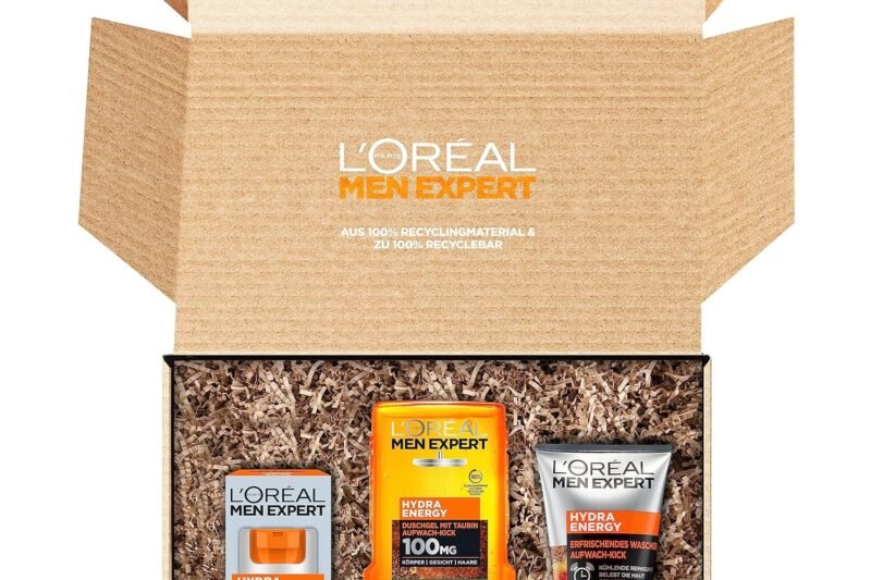 L’Oréal Men Expert Tired Skin Care Set for Men, Gift Set with Wash Gel, Shower Gel and Face Cream, Gift for Men with Taurine and Vitamin C, Hydra Energy, 3 Piece Set